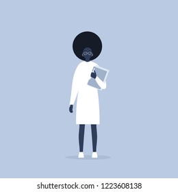Young black female manager holding a folder. Office life. Daily routine. Millennials at work. Flat editable vector illustration, clip art