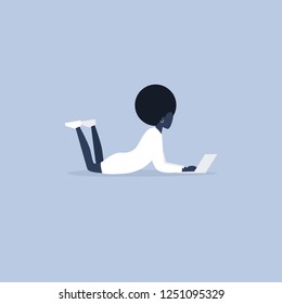 Young black female manager lying down on the floor with the laptop. Modern office. Freelance. Daily routine. Millennial lifestyle. Flat editable vector illustration, clip art