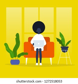 Young black female manager sitting in a chair with the laptop. Freelancer. Modern office. Lifestyle. Flat editable vector illustration, clip art