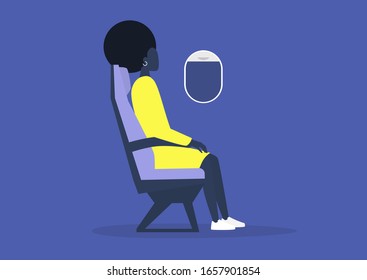 Young black female passenger sitting on board an airplane, travel concept, millennial lifestyle