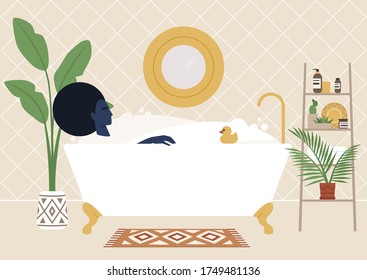 Young black female relaxed character in a claw foot bathtub, eco friendly boho interior, plants and skin care products, millennial lifestyle