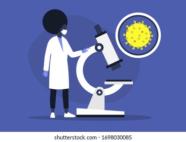 Young Black Female Scientist Looking Through The Microscope, Lab Research,  Coronavirus Pandemic