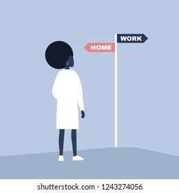 Young black female specialist making a choice between the career and family. Navigating signpost showing the opposite directions. Decision making. Flat editable vector illustration, clip art