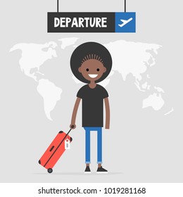 Young black female traveler holding a cabin luggage. Flight. Departure sign. Tourism. World map. Flat editable vector illustration, clip art