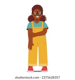 Young Black Girl Character Grins As She Looks Through The Phoropter During An Eye Test. Her Bright Smile Reflects Her Ease And Comfort During The Examination. Cartoon People Vector Illustration