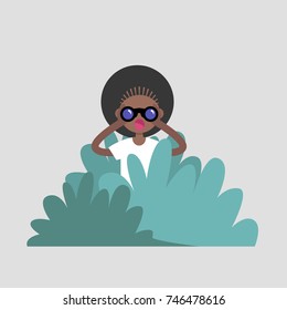 Young Black Girl Character Hiding In The Bushes And Looking Through Binoculars. Spying, Conceptual Illustration. Special Agent. Secret Mission. Sneak Peek. Flat Vector Illustration, Clip Art