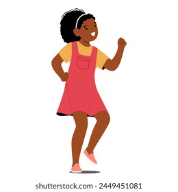 Young Black Girl Character in Red Sundress Dashes Swiftly, Her Curls Bouncing Joyfully As Her Feet Patter Against The Ground In An Exuberant Display Of Energy, Isolated Cartoon Vector Illustration