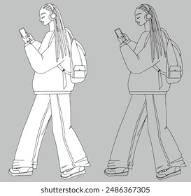 young black girl with headphones phone backpack teenage back to school vector