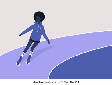 A young black girl roller skating on a rink, leisure activity, quad skates with laces