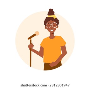 Young black girl sings song holding microphone in her hand. Vector character in flat cartoon style isolated on white background