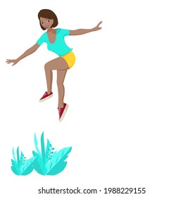  Young black  girl smiling , wearing light blue shirt,short yellow sleeve and red sneakers is jumping on leaves. A woman jumps with happiness in copy space. Vector isolate flat design for Freedom
