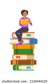 Young black girl student reads open book sitting on stack of giant books. High school education concept. Vector cartoon illustration. Exam preparation using paper book. Modern well-educated youth