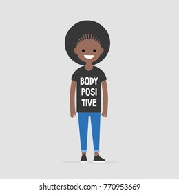 Young black girl wearing a t-shirt with a "body positive" sign. Normal shape. Flat editable vector illustration, clip art