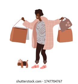 Young black glamour woman walking from clothing store with shop bags & her pet, yorkshire terrier, vector illustration isolated on a white background in a flat & cartoon style. Girl catches a taxi.