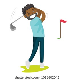Young black golfer hitting the ball with a niblick. Professional golfer playing golf on the golf course. Concept of sport and physical activity. Vector cartoon illustration. Square layout.