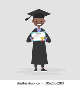 Young black graduate wearing a black robe and holding a diploma certificate. Graduation. Flat editable vector illustration, clip art