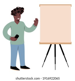 A young black guy in casual attire in front of a whiteboard. Holding presentation, explaining, teaching, delivering speach, pitching ideas.