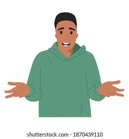 Young black guy in disbelief with hands palms up in front of him. Mockup for advertising, space for text, copy space, isolated on white background, portrait