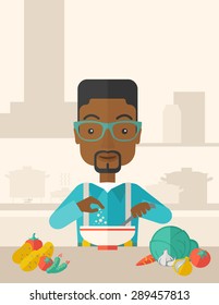 A Young black guy is happy eating salad for lunch with some vegetables on the table. A Contemporary style with pastel palette, soft beige tinted background. Vector flat design illustration. Vertical