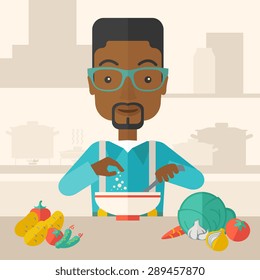 A Young black guy is happy eating salad for lunch with some vegetables on the table. A Contemporary style with pastel palette, soft beige tinted background. Vector flat design illustration. Square