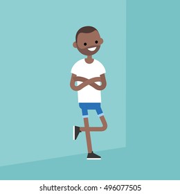 Young black guy leaning against the wall / editable flat vector illustration