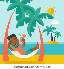 A young black guy on the beach relaxing and drinking cocktail under the heat of the sun with two coconut tree. A contemporary style with pastel palette blue tinted background with desaturated clouds