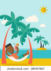 Un joven negro en la playa tomando un cóctel relajante bajo el calor del sol con dos cocoteros. Un estilo contemporáneo con un fondo de tonos azul pastel y nubes desatadas