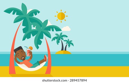 A young black guy on the beach relaxing and drinking cocktail under the heat of the sun with two coconut tree. A contemporary style with pastel palette blue tinted background with desaturated clouds