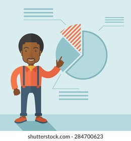 A young black guy represents and share his business financial pie chart. Teamwork concept. A contemporary style with pastel palette soft blue tinted background. Vector flat design illustration. Square