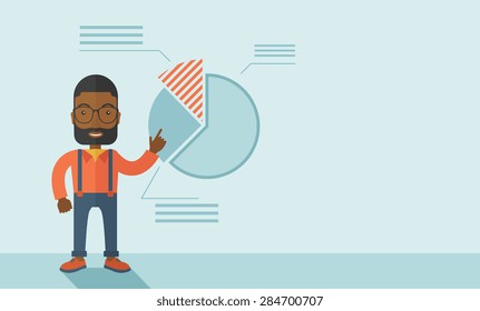 A young black guy represents and share his business financial pie chart. Teamwork concept. A contemporary style with pastel palette soft blue tinted background. Vector flat design illustration