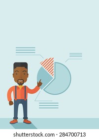 Un joven negro representa y comparte su tabla de pastel financiero de negocios. Concepto de trabajo en equipo. Un estilo contemporáneo con una paleta pastel y un fondo de tonos azules. Ilustración de diseño plano del vector