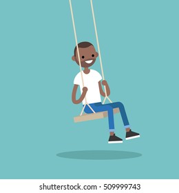 Young black guy sitting on the swing / editable flat vector illustration