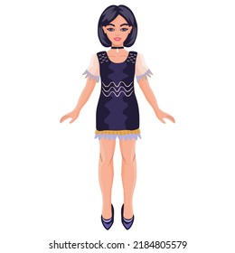 Young black haired woman in cocktail dress. Paper doll concept. Cheerful female character full length isolated on white background.