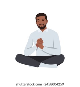 Young black happy man pray to God while sit on the floor. palm hand. Christian. Flat vector illustration isolated on white background