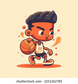 Niña negra jugando al baloncesto, niño pequeño juega a la pelota de color plana vectorial ilustración de dibujos animados