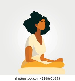 young black lady meditating sitting down, minimalistic vector illustration