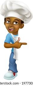A young black little boy cartoon child character chef, cook or baker kid peeking around a background sign and pointing.