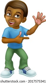 A young black little boy cartoon child character kid waving and pointing.