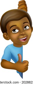 A young black little boy cartoon child character kid peeking around a background sign and giving a thumbs up.