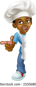 A young black little boy cartoon child character chef, cook or baker kid peeking around a background sign and pointing.