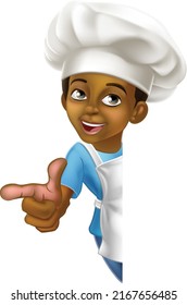 A Young Black Little Boy Cartoon Child Character Chef, Cook Or Baker Kid Peeking Around A Background Sign And Pointing.