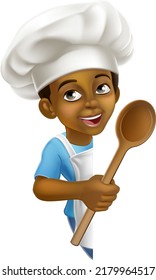 A Young Black Little Boy Cartoon Child Character Chef, Cook Or Baker Kid Peeking Around A Background Sign And Pointing With A Wooden Spoon.