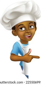 A young black little boy cartoon child character chef, cook or baker kid peeking around a background sign and pointing.