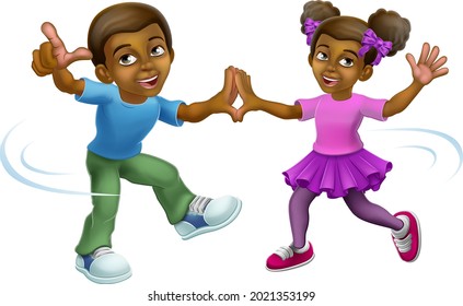 Young black little girl and boy cartoon kid child characters dancing