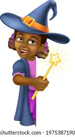 A young black little girl cartoon child character dressed in Halloween witch costume peeking around a background sign and holding a magic wand.