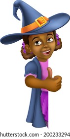 A young black little girl cartoon child character dressed in Halloween witch costume peeking around a background sign and giving a thumbs up