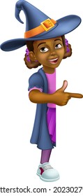A young black little girl cartoon child character dressed in Halloween witch costume peeking around a background sign and pointing