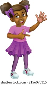 A Young Black Little Girl Cartoon Child Character Kid Pointing And Waving.