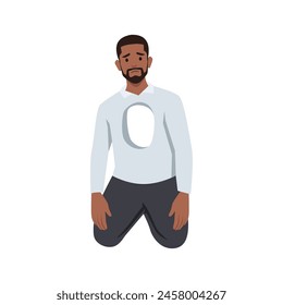 Young black Lonely man with empty hole in chest, loneliness concept with sad person feeling alone. Flat vector illustration isolated on white background