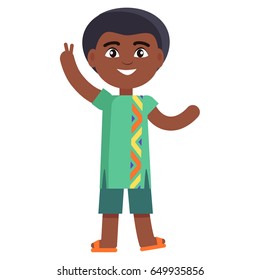 Young black male in cartoon style showing peace gesture. Happy little afro-american boy in national cloth celebrates international day of african child.